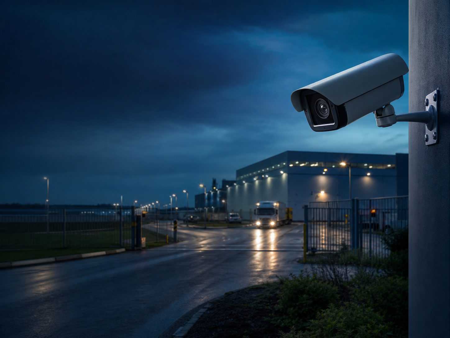 Caméra de vidéosurveillance surveillant un site industriel de nuit