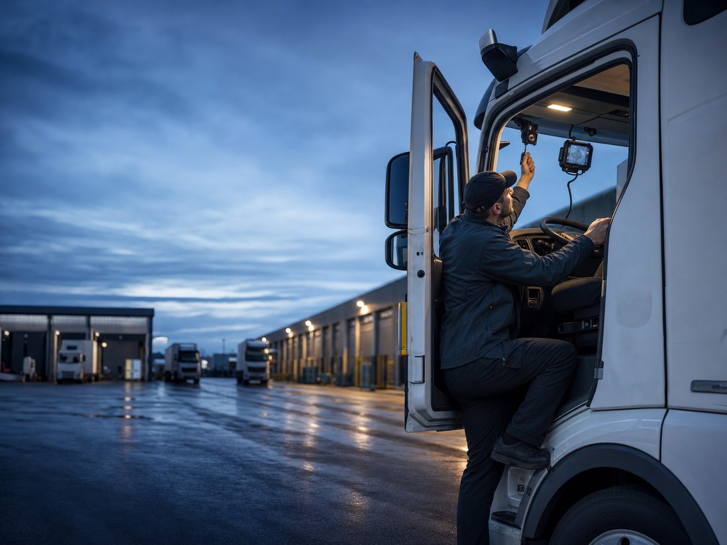 Chauffeur montant dans un camion d’une flotte de transport au crépuscule