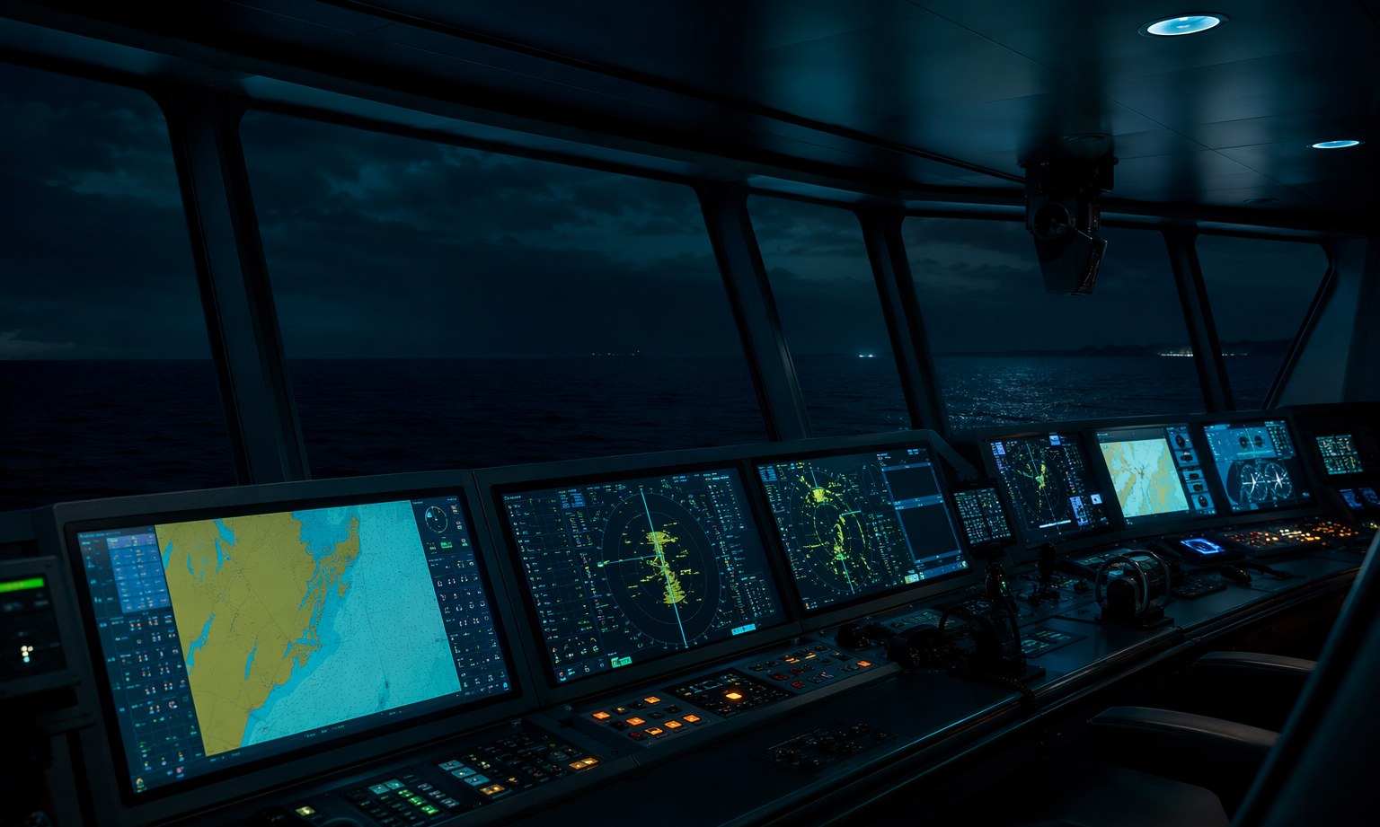 Passerelle de navire moderne la nuit avec écrans de navigation ECDIS
