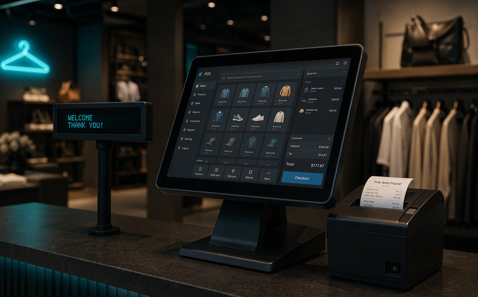 Terminal POS tactile moderne sur le comptoir d’une boutique