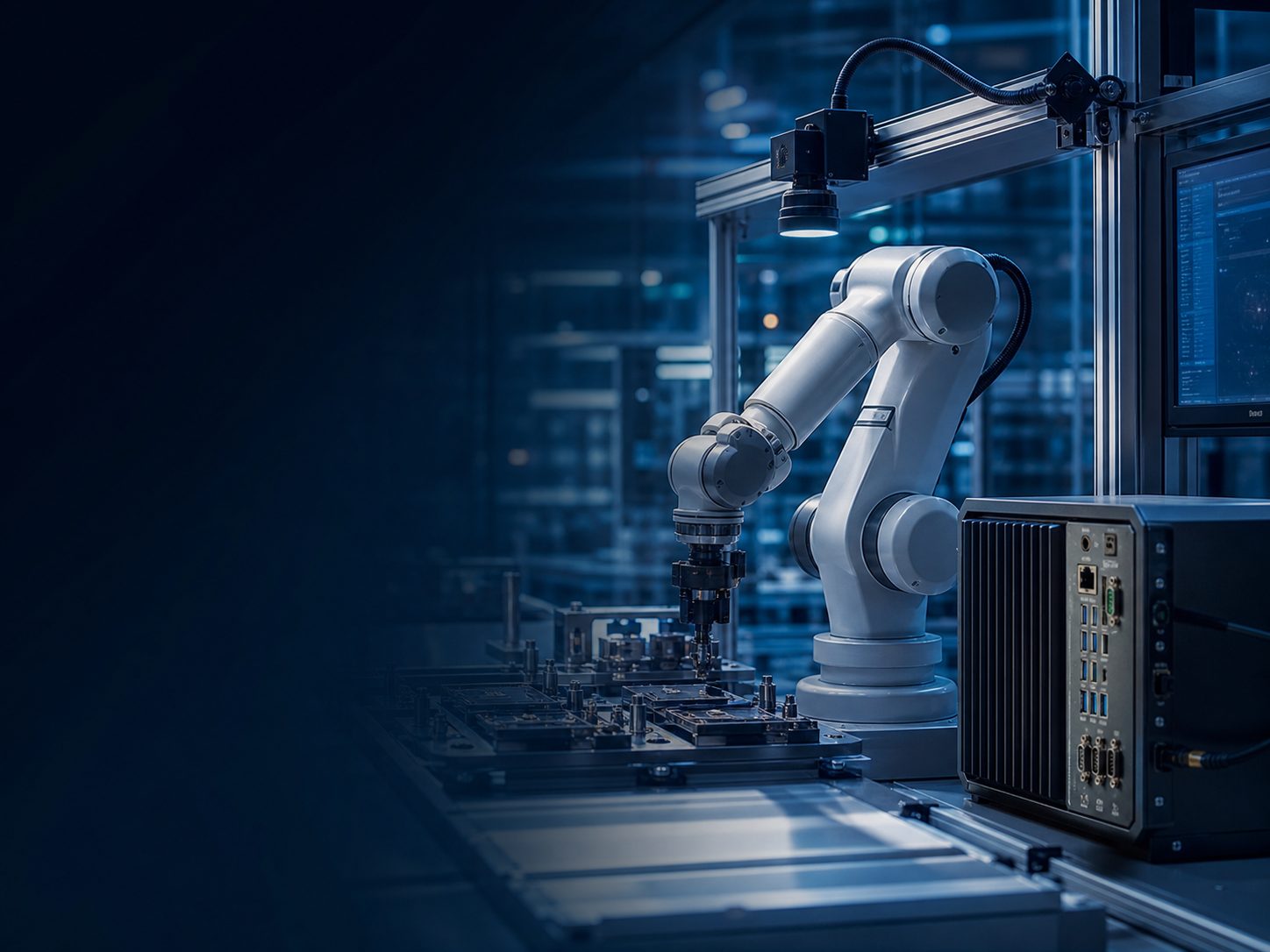 Bras robotique et contrôleur Edge AI sur une cellule de production