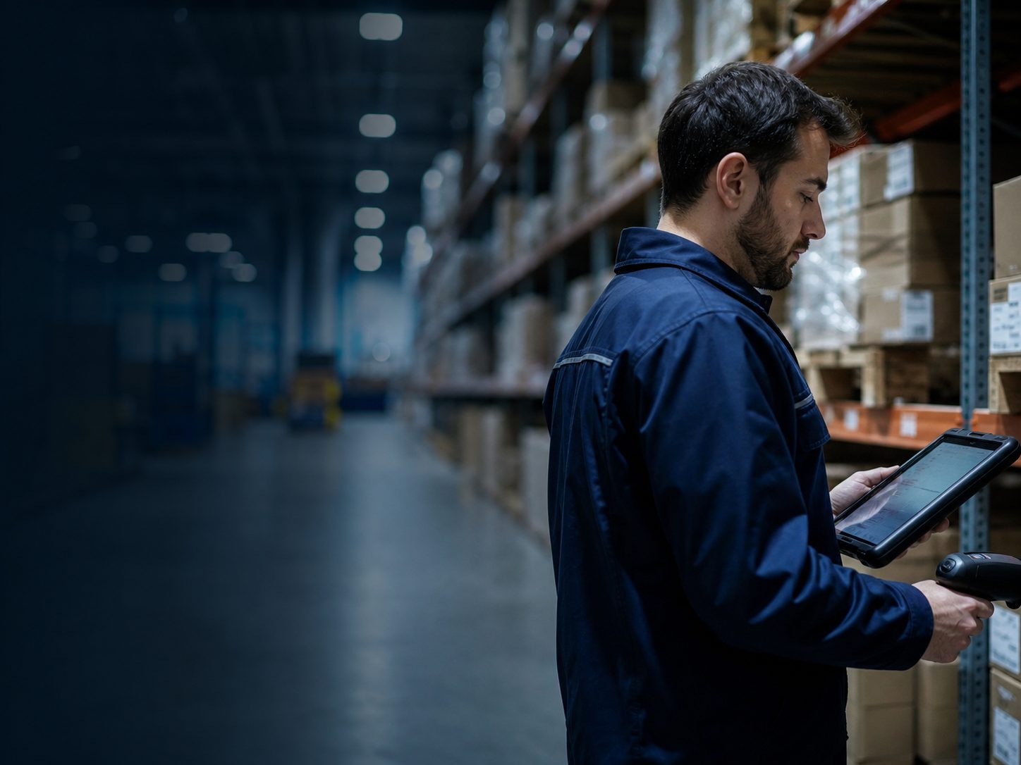 Opérateur en entrepôt utilisant une tablette durcie pour le contrôle industriel